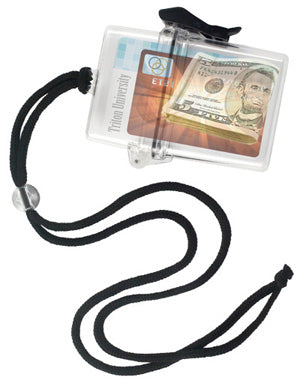Clear rigid multi-card water resistant holder with lanyard cord