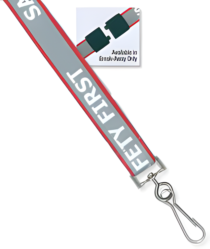 Lanyard, reflective, "SAFETY FIRST" silk screen printing, 5/8" width