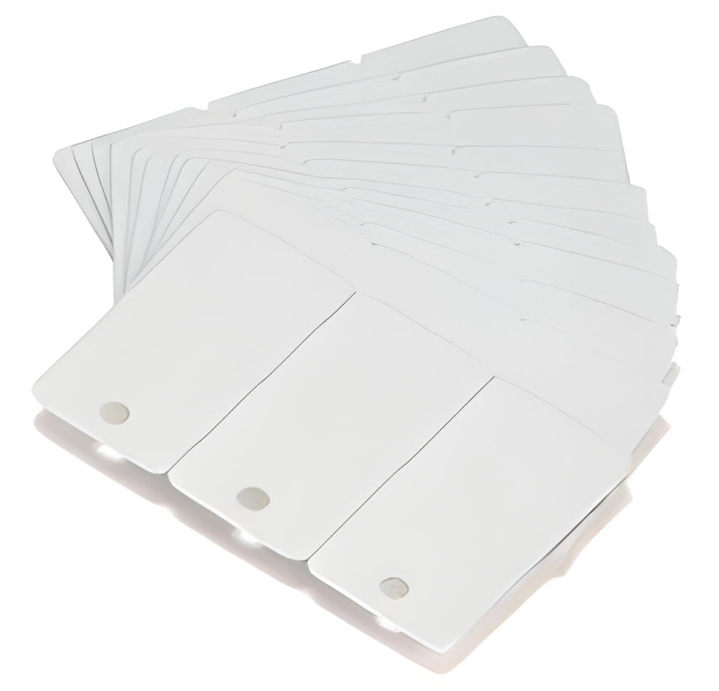 104523-020 Zebra white PVC cards, 30 mil 3-Up breakaway key tags, (500 cards)