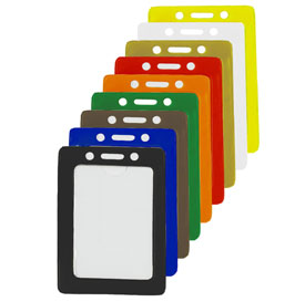 Vertical soft vinyl badge holder with solid colored frame