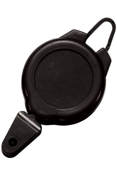 Black ski and sports badge reel with snap closure hook