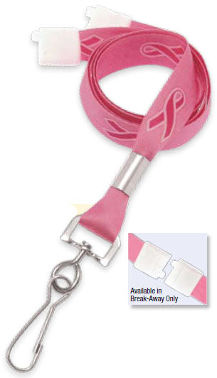 Pink satin awareness lanyard with pink ribbon print and swivel hook