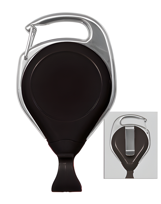 Carabiner-style badge reel - Chrome outer frame - Belt Clip - No-Twist