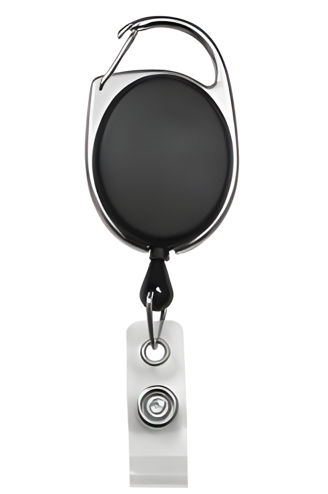 Carabiner-style badge reel - Chrome outer frame - Clear vinyl strap