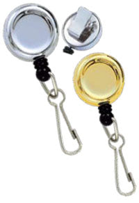 Round chrome-tone key reel with spring clip and swivel hook