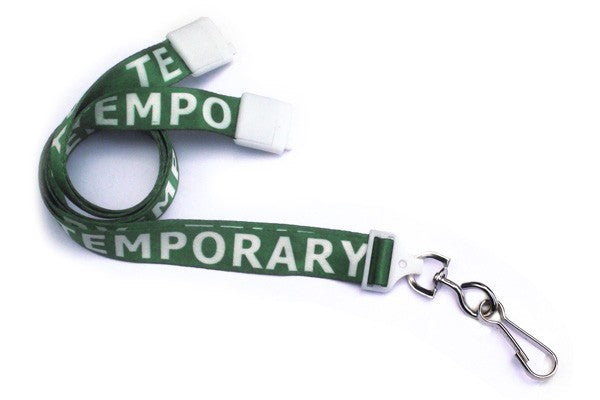 Green 5/8 inch lanyard printed TEMPORARY in white, with break-away and swivel hook