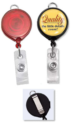 Round LogoReel badge reel with lanyard loop, belt clip and clear vinyl strap