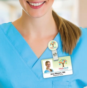 LogoClips cord-free badge holder with round imprint area and strap clip