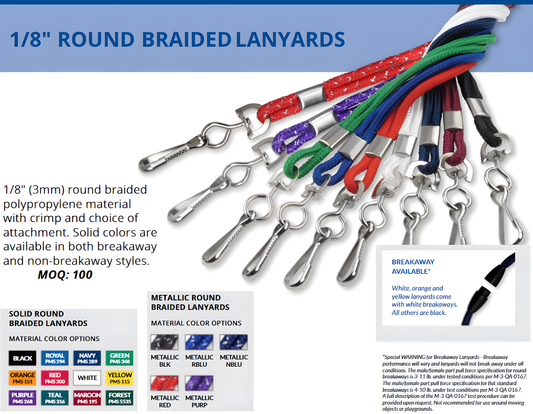 Round 1/8" (3 mm) Standard Lanyard with Nickel Plated Steel Swivel Hook