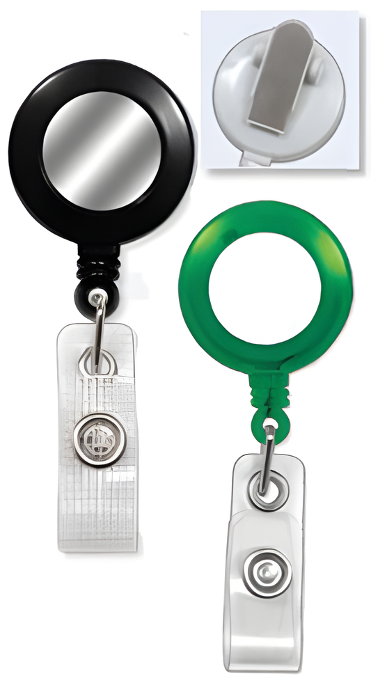 Round Badge Reels with Sticker (White or Silver) - Belt Clip - Clear Vinyl or Reinforced Vinyl